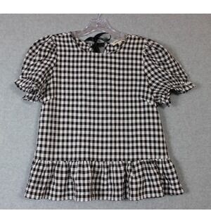 Listicle Black White Gingham‎ Check Ruffle Top Size L Puff Sleeve Bow Back